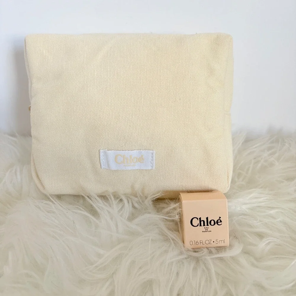 Chloe Parfums Cream Canvas Cosmetic Bag and 5ml Mini Eau de Parfum Set